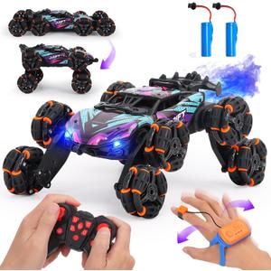 HuiJuKeJi 8WD RC Stunt Car with Gesture Sensing & Spray, 2.4GHz Hand-Controlled Remote Control Car Toy with Light/Music, Auto-Demo Mode Vehicle for Kids Ages 6-14, Birthday (Purple)