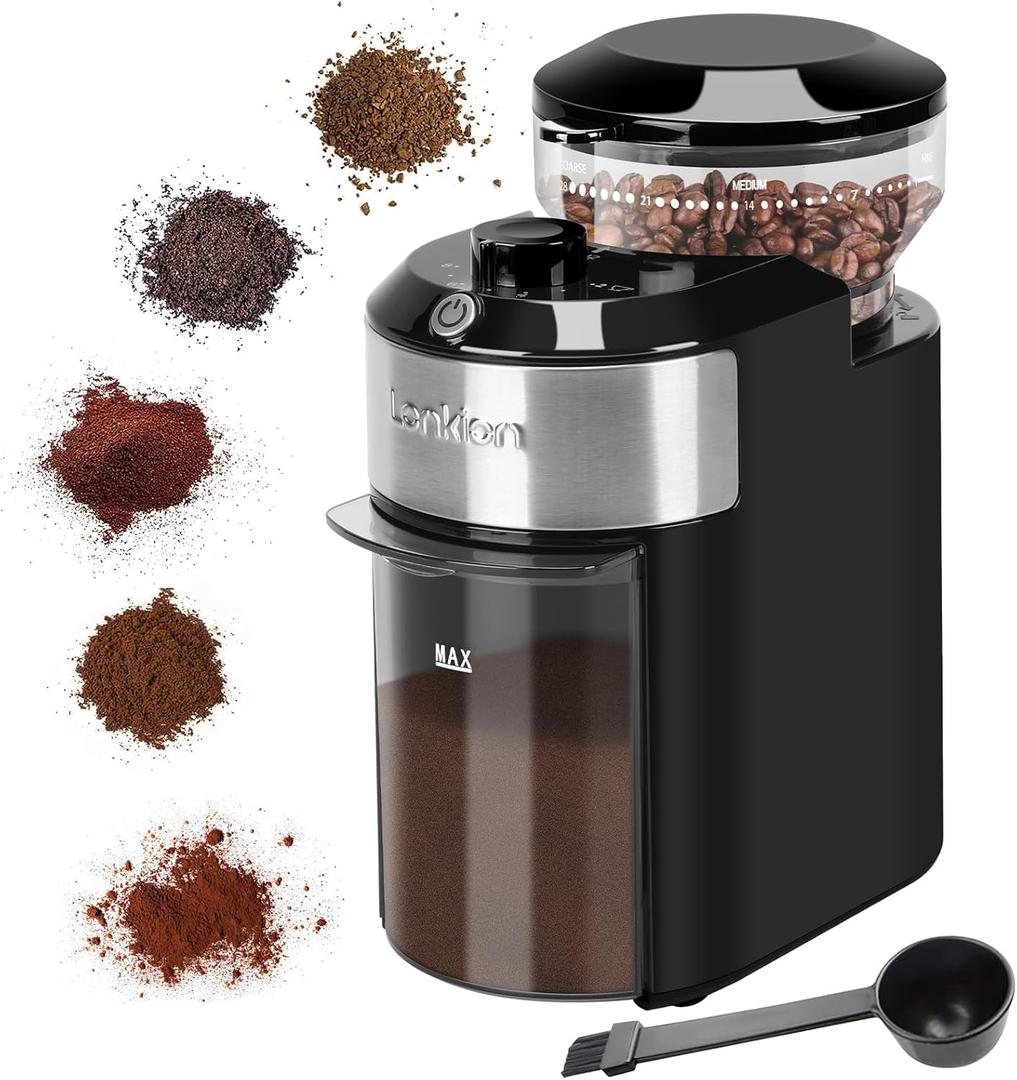 Lonkion Burr Coffee Grinder Electric - Adjustable Burr Grinder with 28 Precise Grind Settings for 12 Cups - Coffee Grinders for Home Use - Professional Coffee Bean Grinder - Stainless Steel (Black)