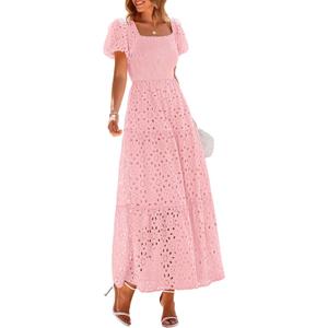 PRETTYGARDEN Summer Dresses for Women 2025 Eyelet Square Neck Puff Sleeve Smocked Wedding Guest Maxi Dress with Pockets (Pink, X-Large)