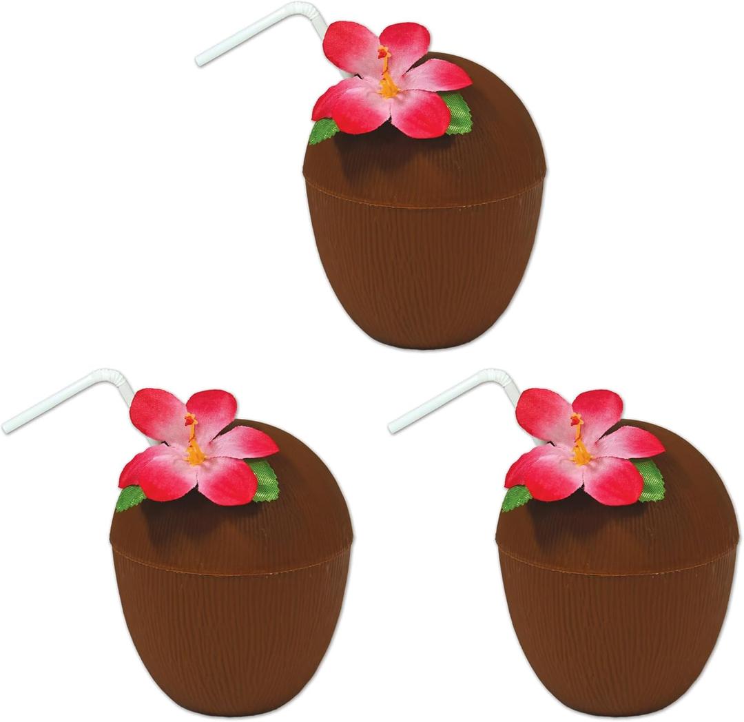 Beistle Plastic Coconut Cups 3 Piece, 16 oz, Multicolor