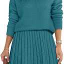 Women's Two Piece Outfits Turtleneck Long Sleeve Ribbed Knit Tops Pleated Mini Skirt 2026 Casual Sweater Sets (Medium, Lake Blue)