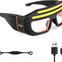 LED Glasses Rechargeable Headlight with COB Light and Clear PC lens, Hands-Free Flashlight Glasses for Mechanics, Night Running Cycling Camping Fishing - Water Resistant Headlamp for Adults