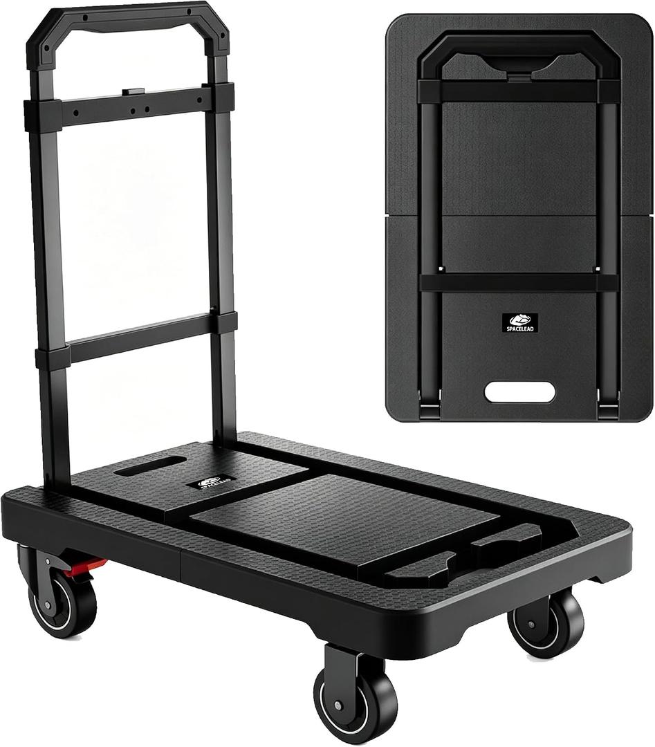 SPACELEAD Folding Hand Truck, Heavy-Duty Platform Truck with 330 Lbs Capacity, Collapsible Dolly Cart with 360 Silent Wheels & Telescopic Handle, Portable Moving Cart for Luggage & Office, Black