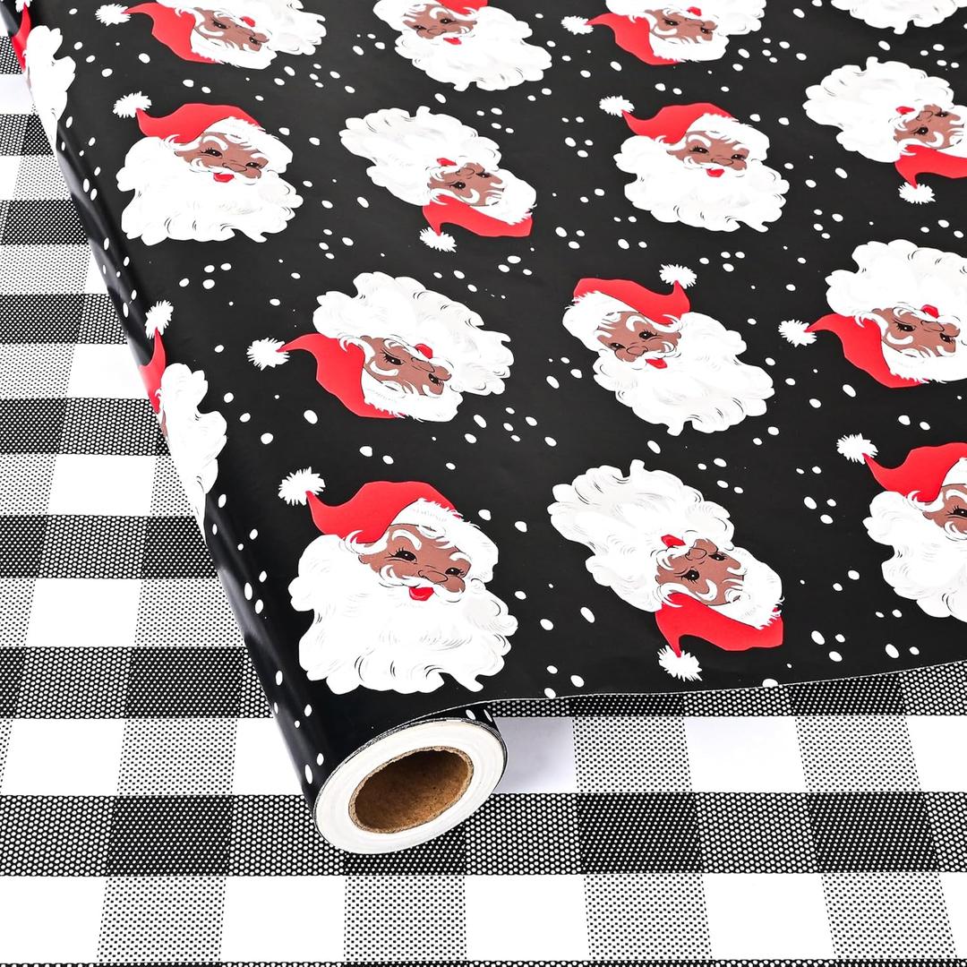 Vnaaem Reversible Afican American Christmas Wrapping Paper for Men Women - Black Santa & Bufflao Plaid Pattern Gift Wrap for Holiday Birthday, Party, Baby Shower (Afican American Xmas, 17 In X 16.5 Ft)