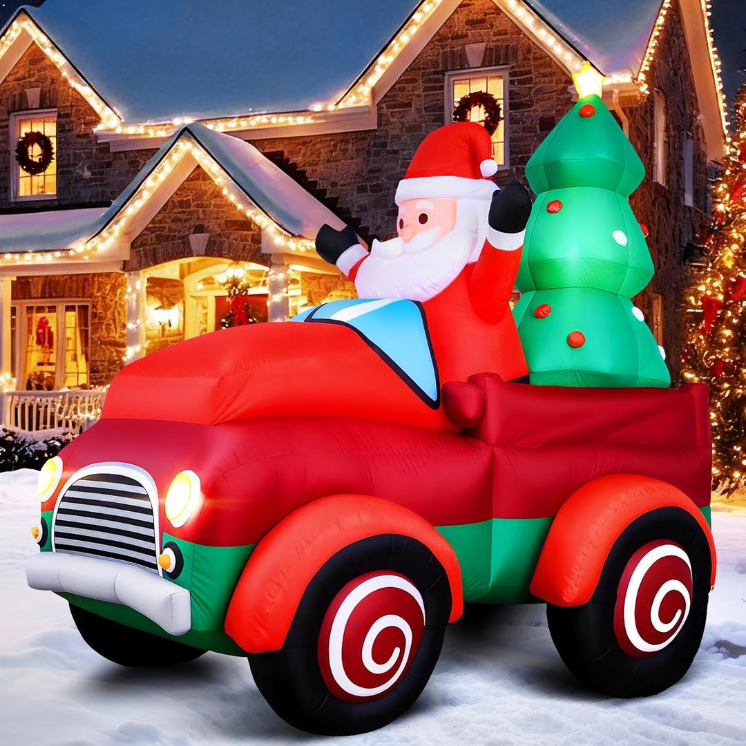 Christmas Inflatables Santa Drive Red Truck, 6.5FT Santa Monster Truck Xmas Blow up Yard Decorations with Built-in LED Lights for New Year Holiday Lawn Garden Party Outdoor Decorations