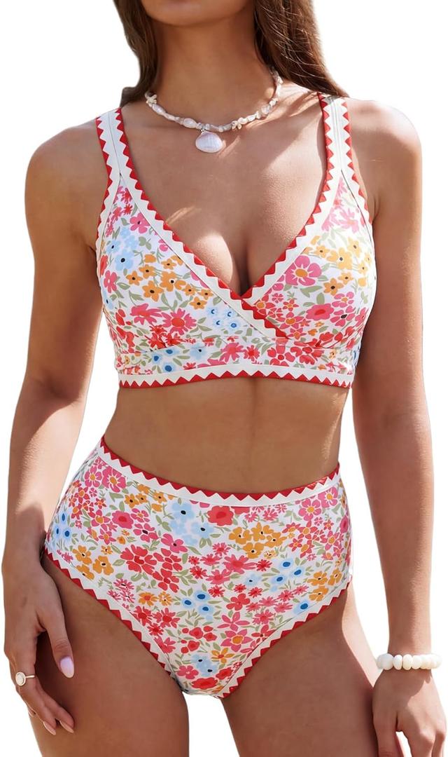 ZAFUL Womens High Waisted Bikini Sets Floral Print Whip Stitch 2 Piece Swimsuits V-Neck Crisscross Tie Back Bathing Suit, Medium