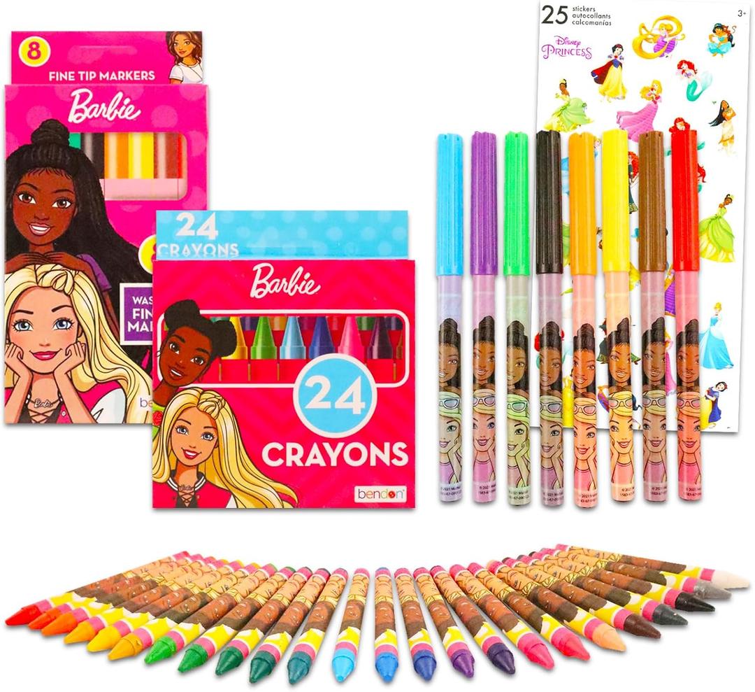Disney Barbie Coloring Set for Girls - Bundle with 8 Barbie Markers and 24 Barbie Crayons for Coloring, Crafts, Drawing, and More Plus Stickers | Barbie School Supplies for Kids
