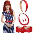 Jutom 5 Pcs Halloween 60s Costume Accessories Set, Copper Red Wig Satin Headband Pearl Choker Necklace Earrings Cinch Belt for 60s Cosplay Party