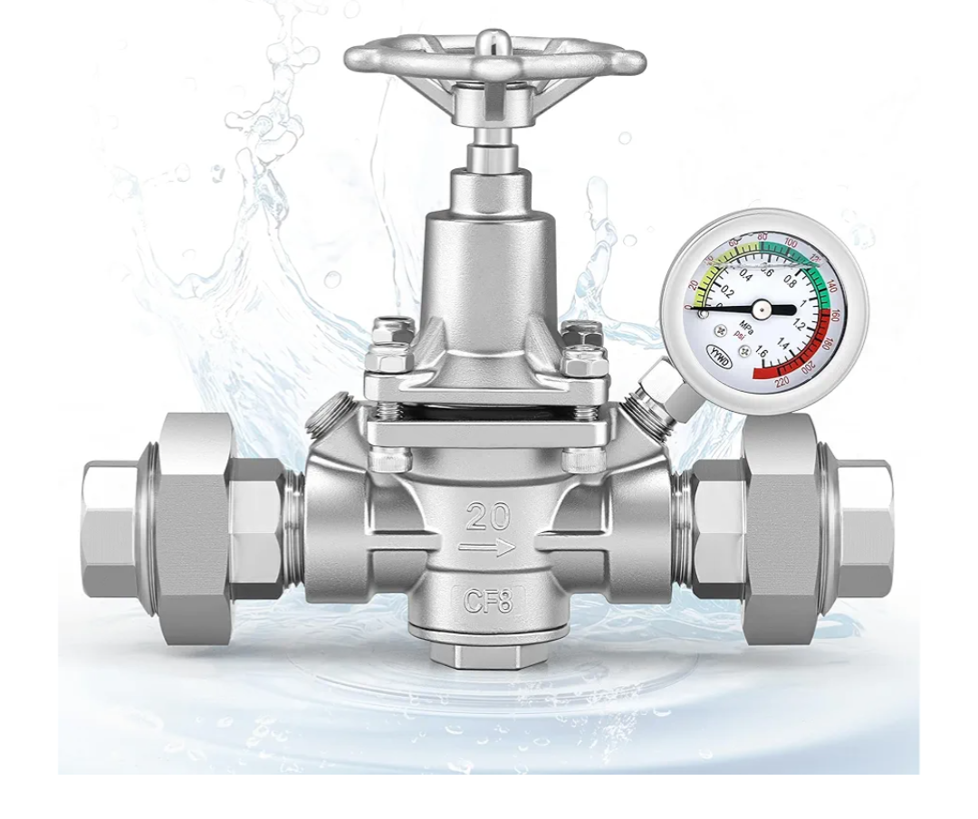 Water Pressure Reducing Valve 3/4 NPT Female Union, Stainless Steel, Pressure Gauge, Handwheel Adjustment