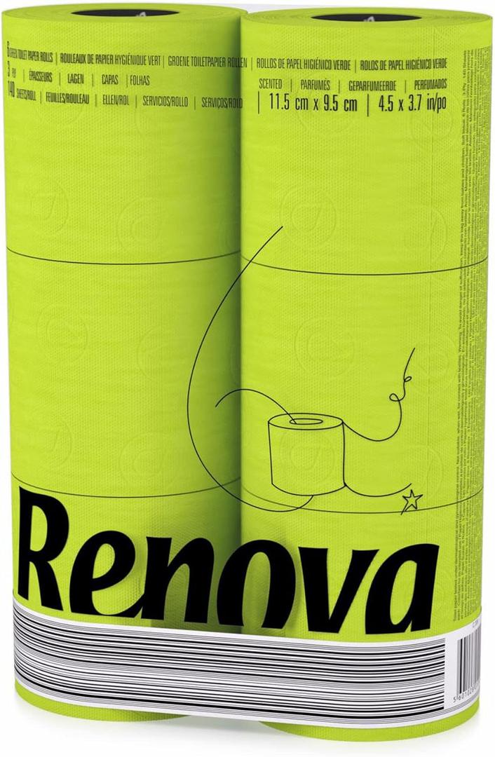 Renova Green Toilet Paper 3-Ply -Ideal for Decorating Your Home or Office - Pack of 6 Compact Rolls- 140 Sheets - Eco-label Certified - Dermatologically Tested - Septic Safe - Sustainable & Soft.