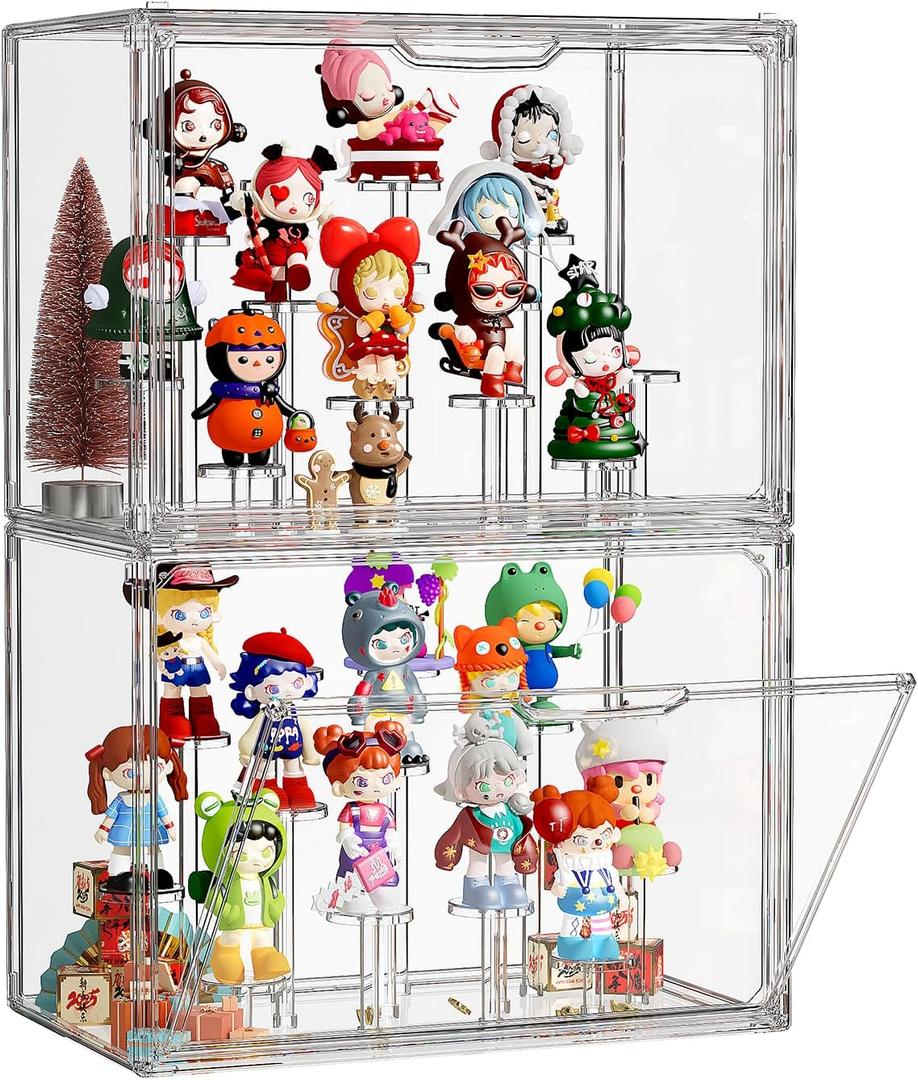 JOYZAN Acrylic Display Case 2 Pack Display Boxes for Collectibles, Figure Display Case with Magnetic Door, Stackable Clear Box with Moveable Cylindrical Modules for Popmart, Funko, Hobby, Doll