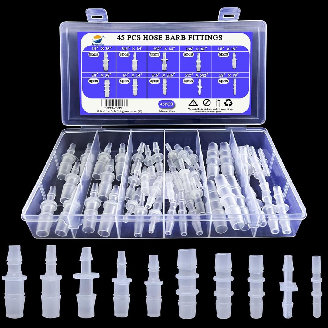 45PCS Plastic Hose Barb Fittings, Equal Diameter Two-Way Adapter Connectors, Aquarium Airline Tubing Connectors, Plastic Barb Joint Splicer Mender Adapter Union for Fuel, Gas, Liquid & Air Tubing.