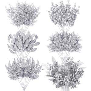 75 Pcs Christmas Glitter Picks Artificial Christmas Tree Picks and Sprays for Tree 5 Styles Berries Stems Cedar Bay Leaves Fern Pine Branches for Vase Fillers Wreath Garland(Silver)