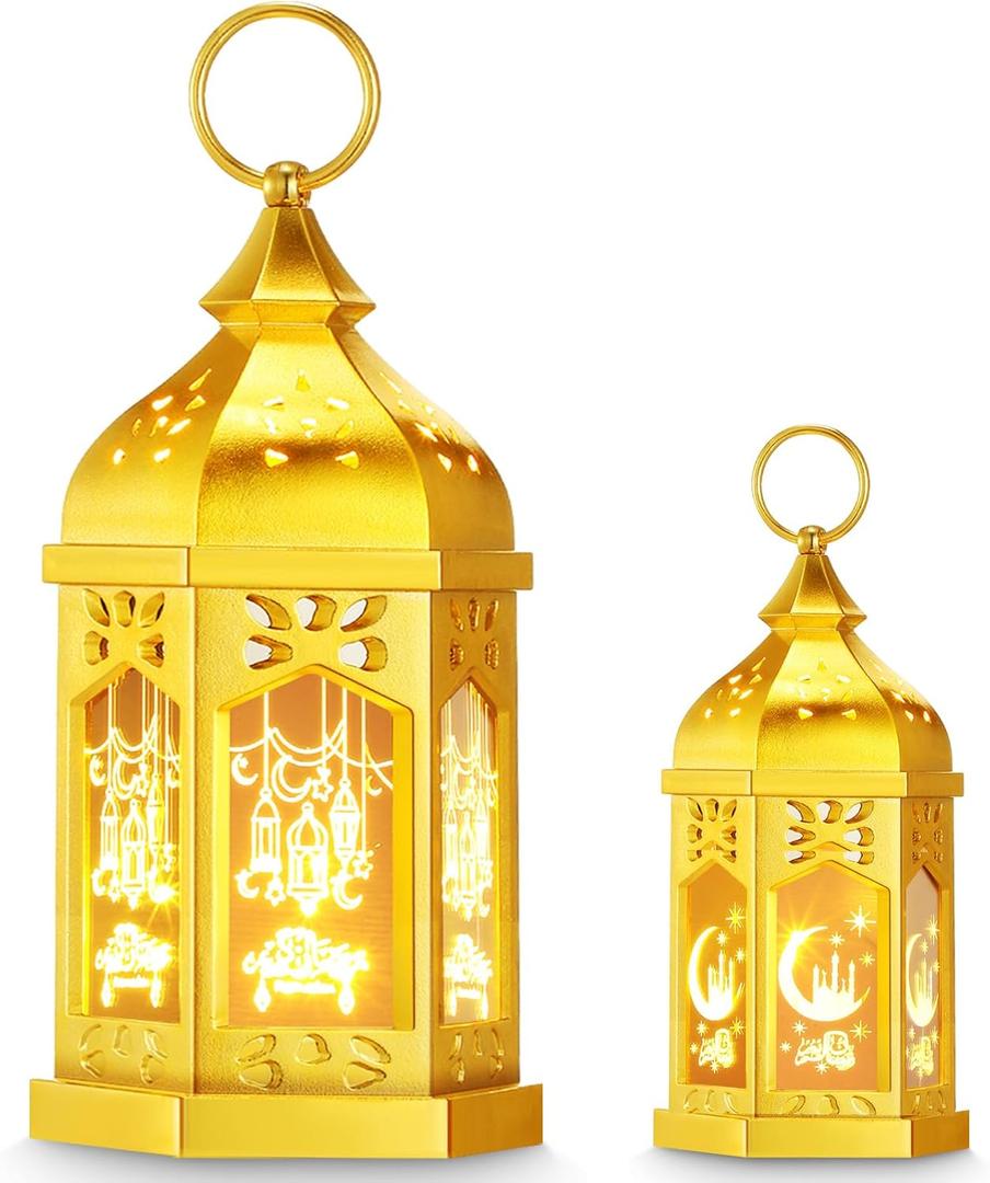 Threan 2 Pcs Ramadan Lantern, 6.9" and 11" Golden Ramadan Mubarak LED Lantern Eid Lights with Star and Moon Patterns Hanging Light for Home Patio Table Wedding Centerpiece Festival Decor