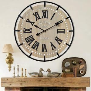 24 Inch Large Farmhouse Wall Clock, Metal Rustic Wood with Silent Quartz Movement, Easy Read Roman Numerals, Battery Powered Round Decorative Wall Clock for Living Room Bedroom Kitchen Office