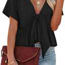 Fanway&EC Women's Short Sleeve V Neck Blouses Ruffle Hem Tie Front Crop Tops Lightweight Basic Summer Tops (Black, L)