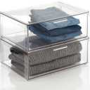 mDesign Plastic Stackable Closet Storage Organizer Bin Containers with Front Pull Drawer for Cabinet, Desk, Shelf, Cupboard, or Dresser Organization - Lumiere Collection - 2 Pack - Clear