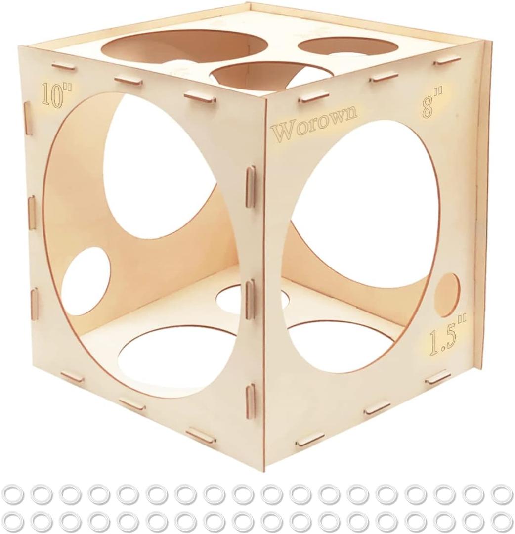 Worown 14 Holes Collapsible Wood Balloon Sizer Box, 1-10 Inch Balloons Sizer Cube, Balloons Size Measurement Tools for Balloon Arches & Columns, Decorations