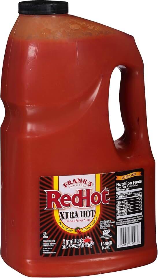 Frank's RedHot Xtra Hot Cayenne Pepper Hot Sauce, 1 gal - One Gallon of Extra Hot Cayenne Pepper Hot Sauce with 3x the Heat, Best for Wings, Pizza, Sides, Snacks, Bar Bites and More, BBD 07/13/2026