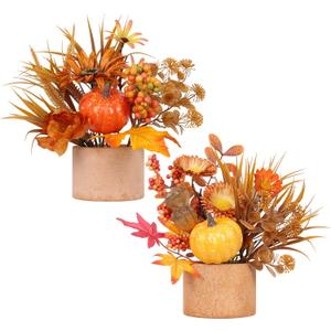 2PCS Fall Decor, Artificial Maple Leaves Pumpkin Berry Table Decorations, for Home Autumn Harvest Halloween Thanksgiving Holiday Party Table Centerpieces Fireplace Decor