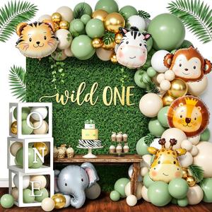 Wild One Birthday Decorations,112 Pcs First Birthday Decorations Party Supplies, Balloons Garland Arch Kit,1st Balloon Boxes with ONE Letters for Safari Jungle Theme Woodland Animals Boys Girls
