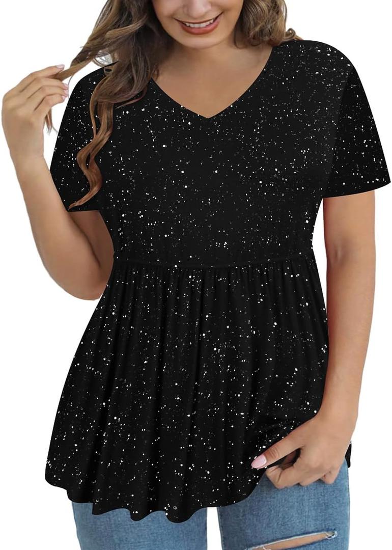 RITERA Ladies Plus Size Tops Short Sleeve Black Sequin Tunic Oversized Casual Summer Henley Shirts Loose Fit Pullover Spring Blouses Flowy Paillette Shirts Casusal Tshirts 3X 3Xl 22W 24W