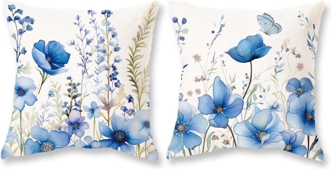 TAJWE Floral Throw Pillow Covers 18x18 Set of 2 Spring Summer Outdoor Decor Pillow Cases for Home Couch Decorations Blue