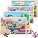 Wooden Educational Jigsaw Puzzles for Preschool Kids Ages 3-5, 4-Pack with 20 Pieces Transportation Wood Puzzles Set, Toddler Brain Teaser Toys, Preschool Gifts for Boys Girls Ages 3 4 5 6