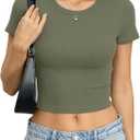 EasyGala Womens Cotton Ribbed Crop Top Crew Neck Short Sleeve Shirt Fitted (Green, L)