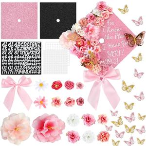 Graduation Cap Decorating Kit DIY Grad Cap Topper Crafts Glitter Cardstock Assorted Artificial Flowers Butterflies Rhinestones Alphabet Stickers Graduation Party Supplies (Pink)