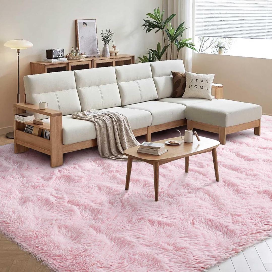 FinRec 5x7 Feet Pink Rugs for Bedroom Living Room, Large Fluffy Shag Area Rug, Non-Slip Fuzzy Furry Rug for Kids Room Girl Dorm Room Home Decor, Indoor Shaggy Floor Carpet