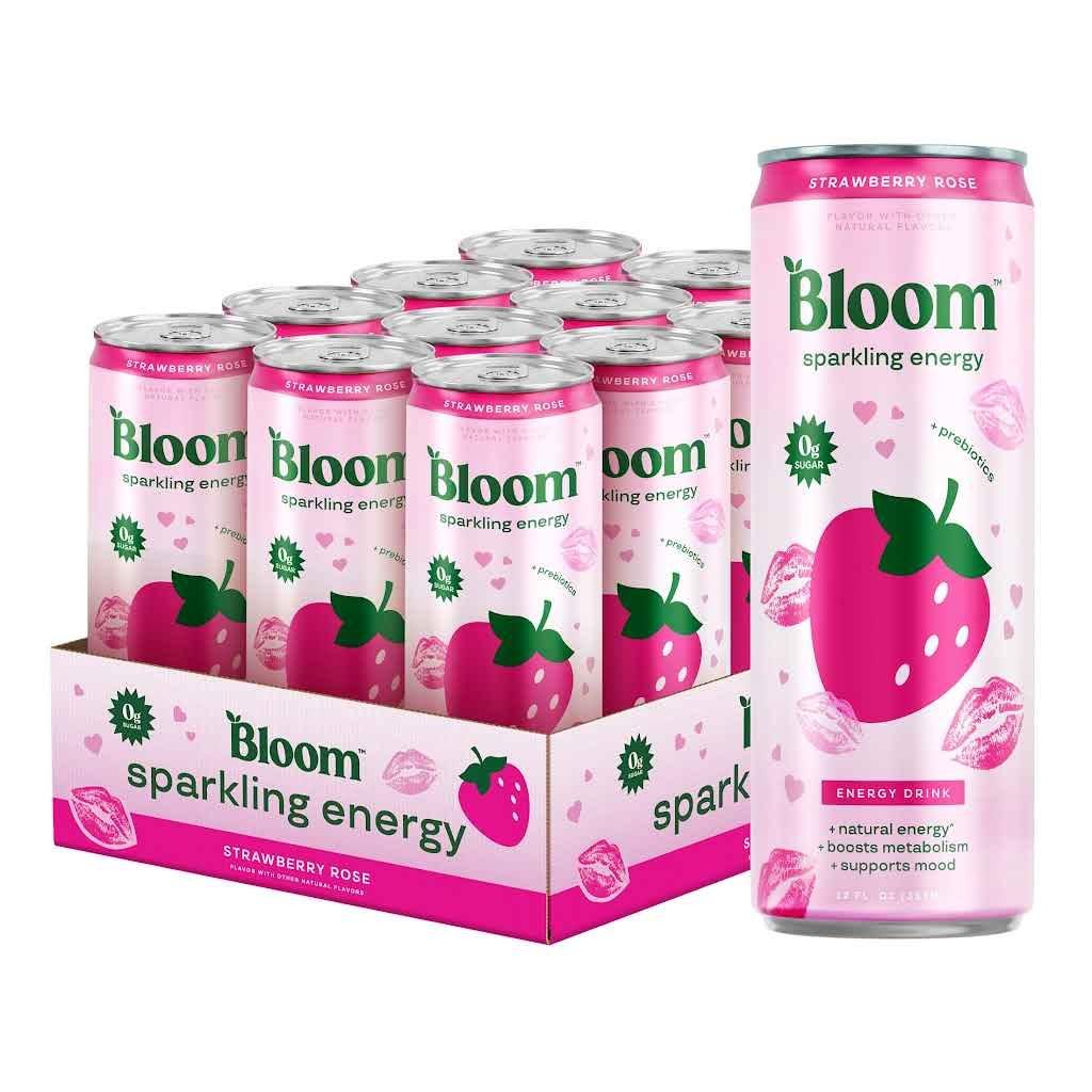 Bloom Nutrition Sparkling Energy Drink - Natural Caffeine, Zero Sugar, 180mg Caffeine - Antioxidant-Rich with Green Coffee Bean, Green Tea Extract, Prebiotics - Strawberry Rose - 12 oz (10 Pack), BBD 06/2027