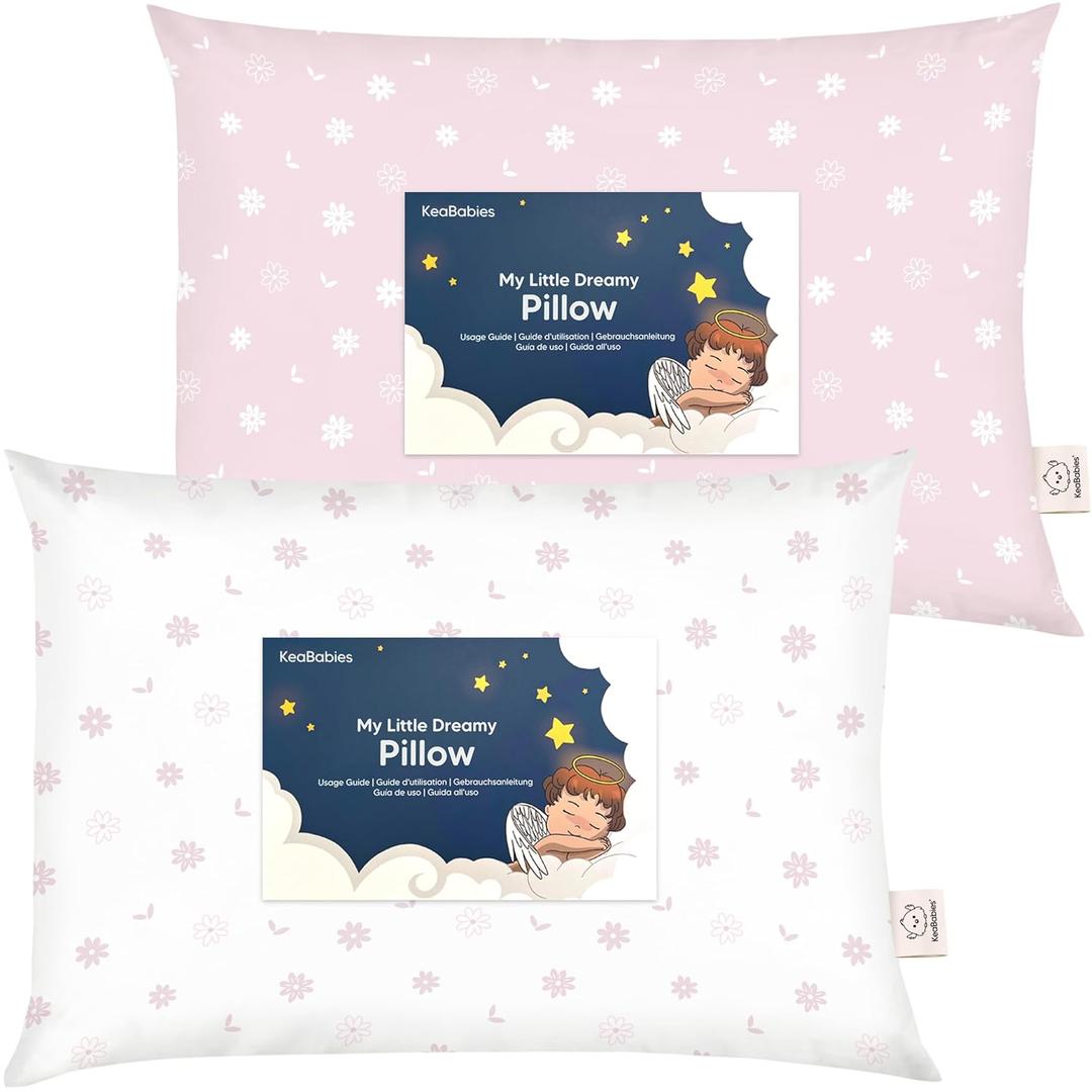 KeaBabies 2-Pack Toddler Pillows 2 Year Old to 5-13x18 Soft Organic Cotton Kids Pillow for Sleeping, Travel, School, Daycare, Nap, Toddler Bed, Machine Washable, Without Pillowcase (Daisy)