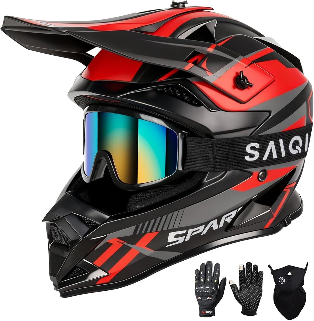 SPARK Adult Motocross Helmet Dirt Bike Helmets Full Face Motorcycle Off-Road Mountain E-Bike BMX MX ATV Helmet (with Gloves Goggles Mask) 4Pcs Set, DOT Certified (Red Rocket, X-Large)