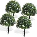 Yunlly 4 Pcs Artificial Boxwood Topiary Ball Tree 27 Inch Outdoor Boxwood Balls with Flower Faux Bush, UV Resistance Fake Shrub Plant with Spike for Garden Porch Patio Decor (White)
