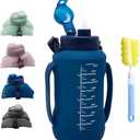 64oz Foldable Water Kettle - Straw & Motivational Time Marker, Half Gallon Silicone Reusable Bottle for Airport Travel, Outdoor Adventures & Home/Office (Blue)