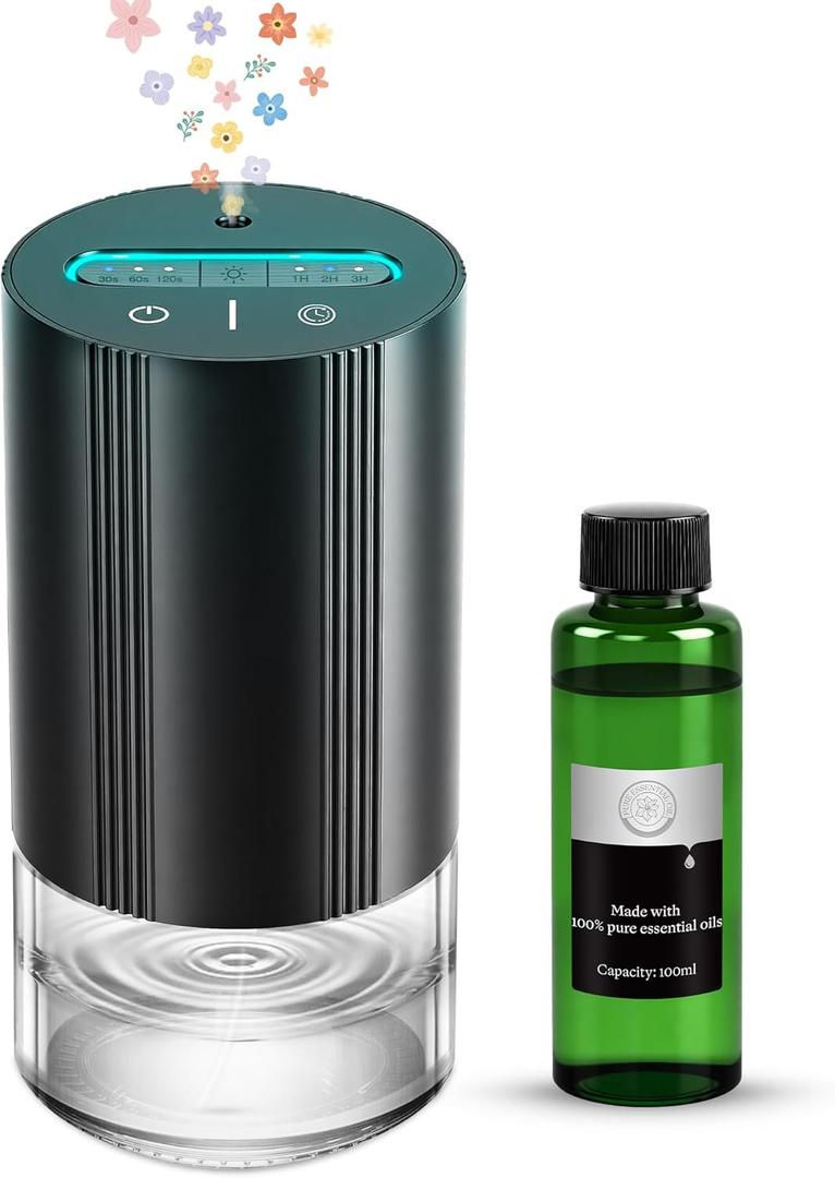 Waterless Essential Oil Diffuser with 100ml of Pure Essential Oil, Mini Scent Air Diffuser with 7 Color Lights, 100ml Large Capacity CarDiffuser, 3 Timers & 3Mist Levelsfor Home, Car, Office (Black)