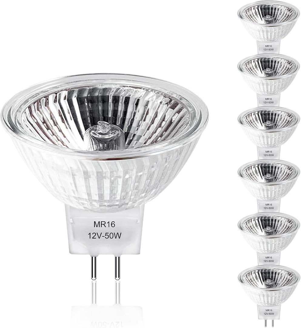 MR16 Halogen Bulbs 2 Pin, 12V 50W 6 Packs Halogen Light Bulbs Gu5.3 Base Dimmable with Clear Glass Cover, 2700K Warm White for Landscape Lights, Track Lights, Fiber Optics, Desk Lamps