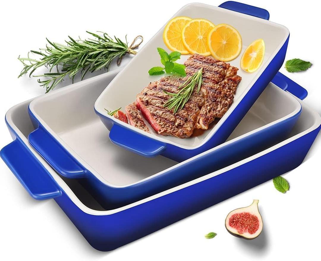 2 Piece Casserole Dish Ceramic Baking Dish Rectangular Baking Dishes for Oven Ceramic Bakeware with Handles Durable Nonstick Large Lasagna Pan for Cooking, Baking, 10'' x 7'', Gradient DarkBlue