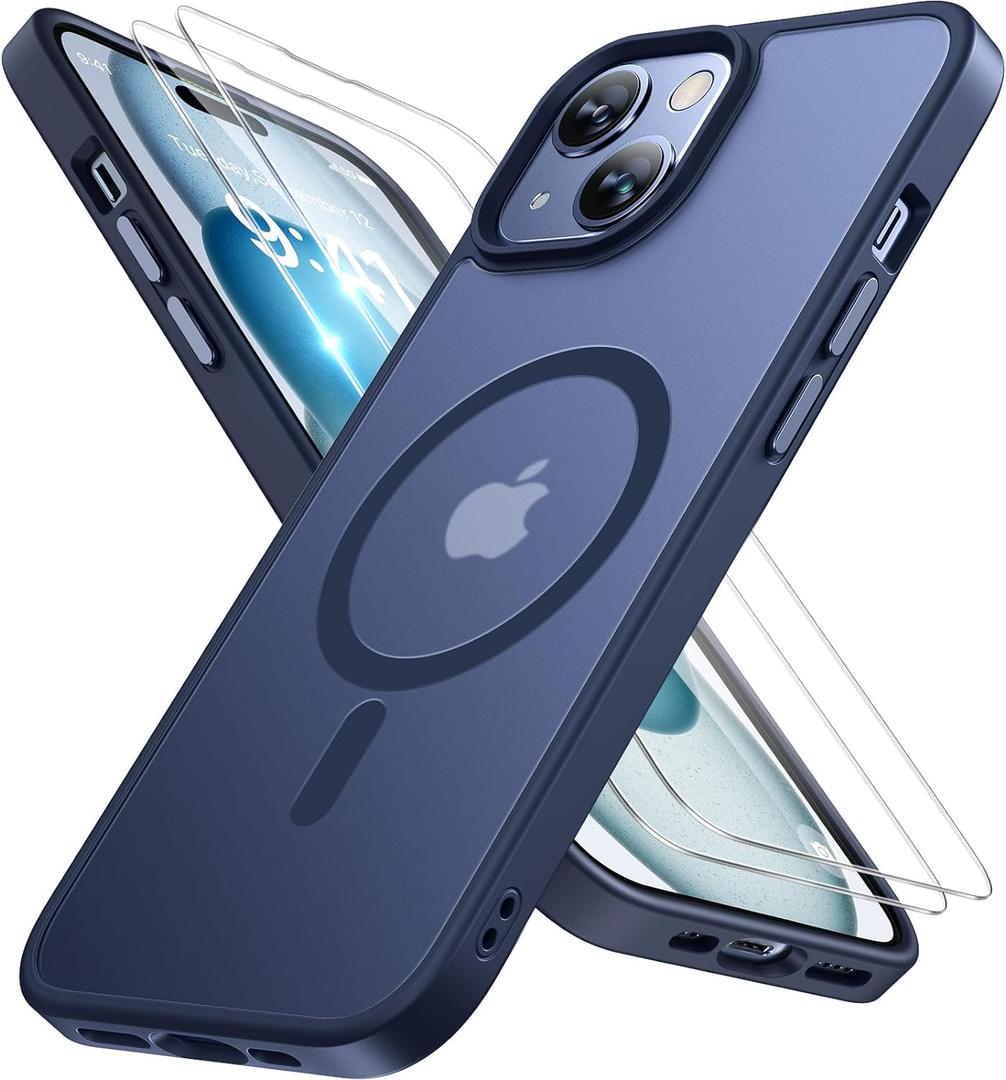Miracase Magnetic for iPhone 15 Case (Compatible with MagSafe)with 2X Screen Protectors Military-Grade Protection, Anti-Fingerprint Translucent Matte Phone Cover for iPhone 15 6.1 inch, Dark Blue