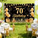 Happy 70th Birthday Banner Backdrop Birthday Party Decorations for Men Women, Photo Background Party Decoration for Indoor Outdoor (Black/Gold, 70th Birthday)