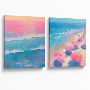 Trendy Summer Wall Art Blue Beach Poster Pink Sky Canvas Preppy Ocean Surf Print Beachy Painting Coastal Picture Aesthetic for Teen Girls Dorm Bedroom Apartment Decoration 16x24inch Framed and Vintage Pink Beach Umbrella Poster Blue Coastal Wall Art, 2 Pcs 