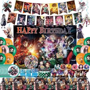 132Pcs Demon-themed birthday party decorations and party supplies,cake toppers, spiral hangings, dinner plates, tablecloths,stickers,
