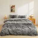 XeGe Leopard Print Fluffy Faux Fur Duvet Cover Set, 3 Pieces Soft Plush Shaggy Fuzzy Bedding Set(1 Faux Fur Cheetah Print Comforter Cover + 2 Furry Pillowcases), Zipper Closure(Queen, Grey)