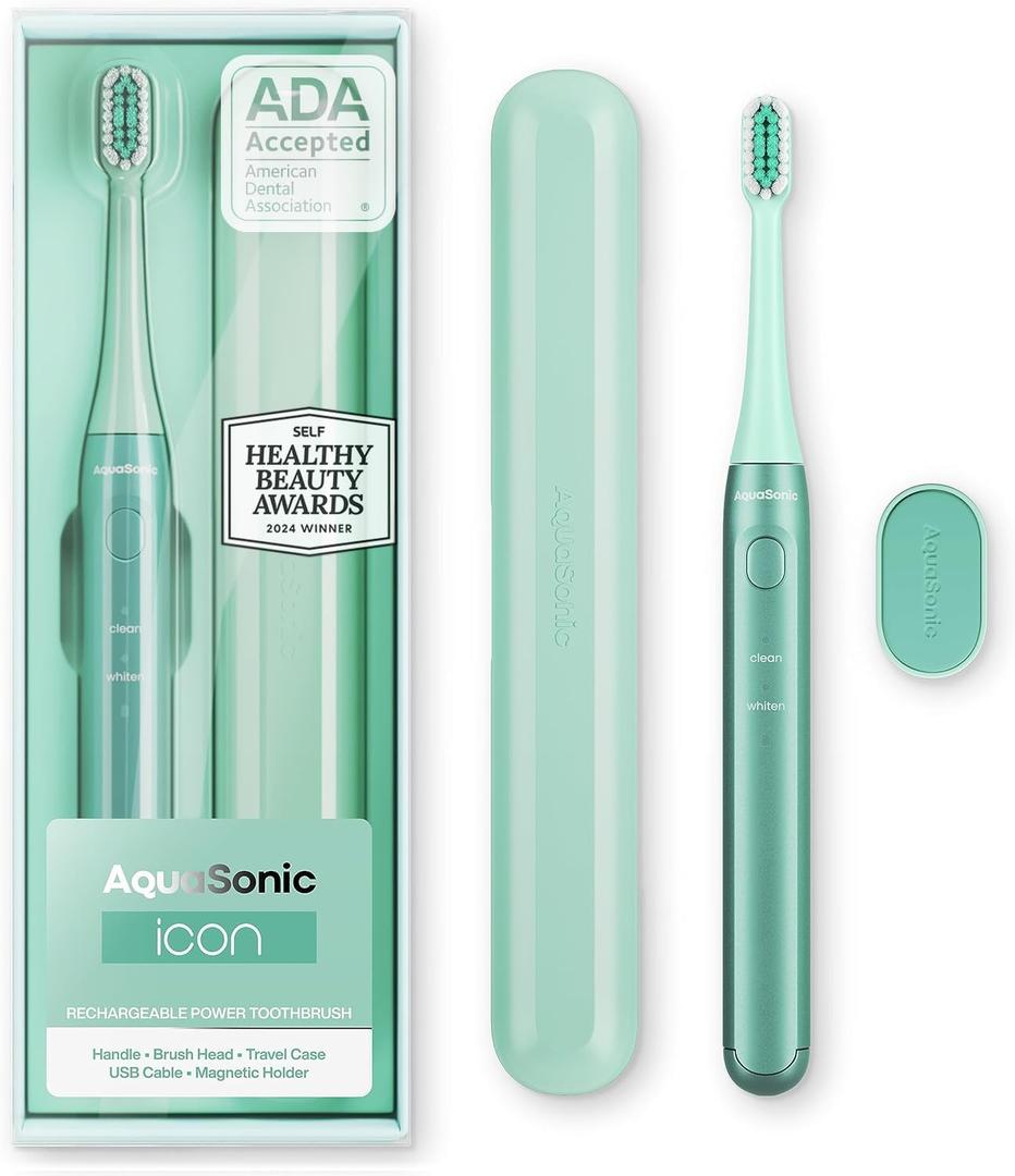 Aquasonic Icon ADA-Accepted Rechargeable Toothbrush | Magnetic Holder & Slim Travel Case | 2 Brushing Modes & Smart Timers | Gentle Micro-Vibrations (Mint) (1 Count (Pack of 1))