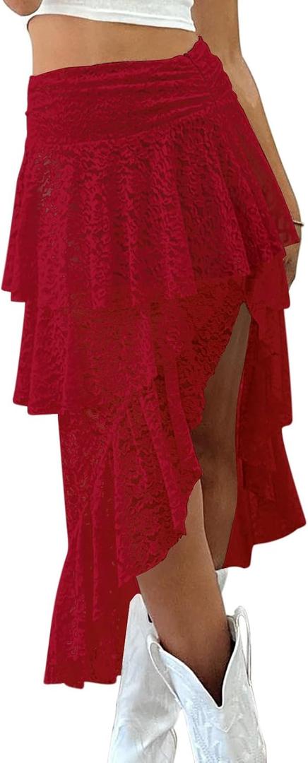 Yousify Womens Lace Midi Skirts High Waist Y2K Asymmetrical Layered Flowy Fairy Skirts Floral Beach Long Skirt (Red, XL)