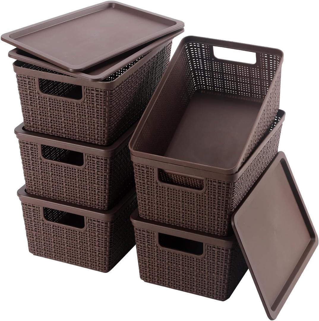 6 Pack Plastic Storage Baskets With Lids,Brown Breathable Stackable Storage Bins,Small Storage Containers,for Organizing Storage Baskets on Desktops,Closets,Playrooms,Classrooms,Offices