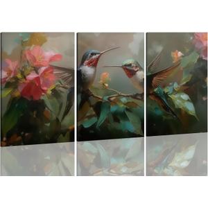 Oulores 3 Piece Hummingbird Canvas Wall Art Vintage Style Foral Bird Wall Decor Paintings Green Hummingbird Picture Prints Home Decor for Living Room Bedroom Office 16 * 24 in（Canvas