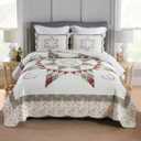 Camandy Cotton Bedspread Quilt Bedding Sets, 3 Pieces Reversible Coverlets Comforters Star with Green Floral Real Patchwork Bedspread, King Size