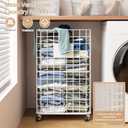 UMDONX Yoga Mat Storage Rack with Wheels – Metal Rolling Organizer Basket with Handles, Breathable Mesh Steel Rack for Yoga Mats, Towels, Blankets, White